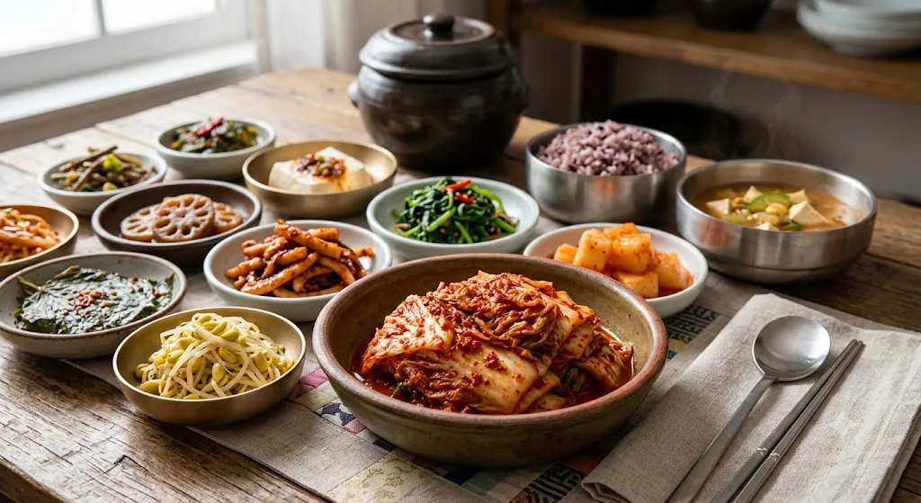 Traditional Korean meal featuring kimchi and colorful fermented side dishes
