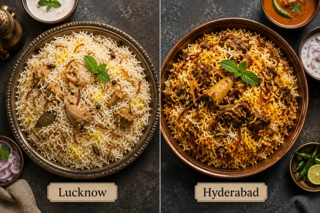 Lucknowi and Hyderabadi biryani shown side by side