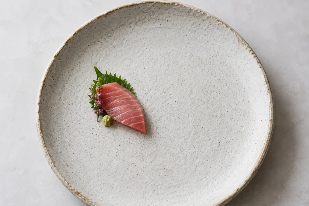 Single sashimi slice demonstrating ma in Japanese plating