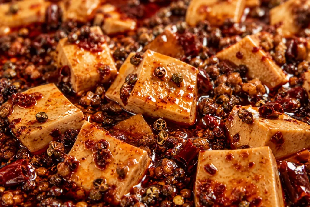 Mapo tofu showing Sichuan peppercorn and chili oil