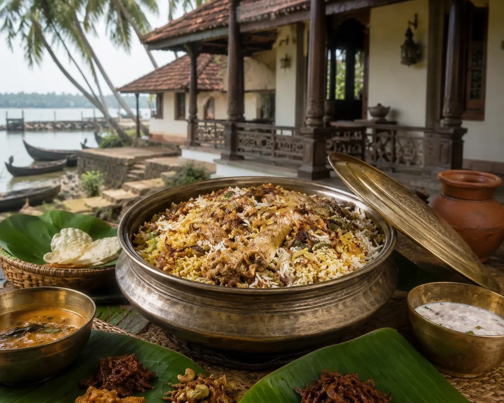Traditional Malabar biryani setting in Kerala coastal region
