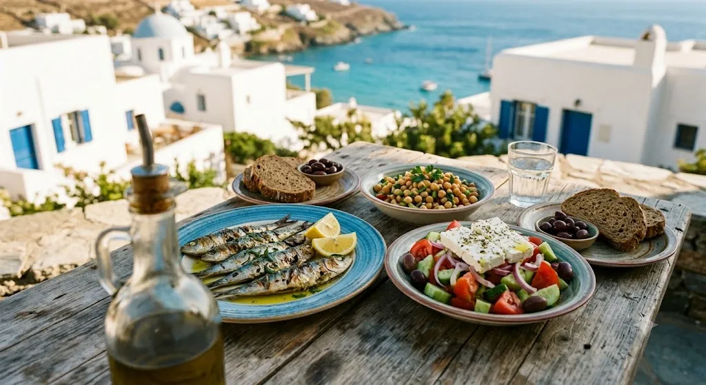 Traditional Mediterranean meal with vegetables fish olive oil and legumes