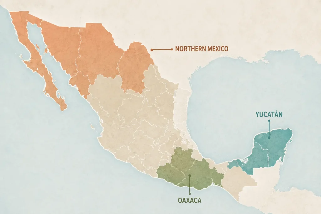 Map showing major regional Mexican culinary traditions