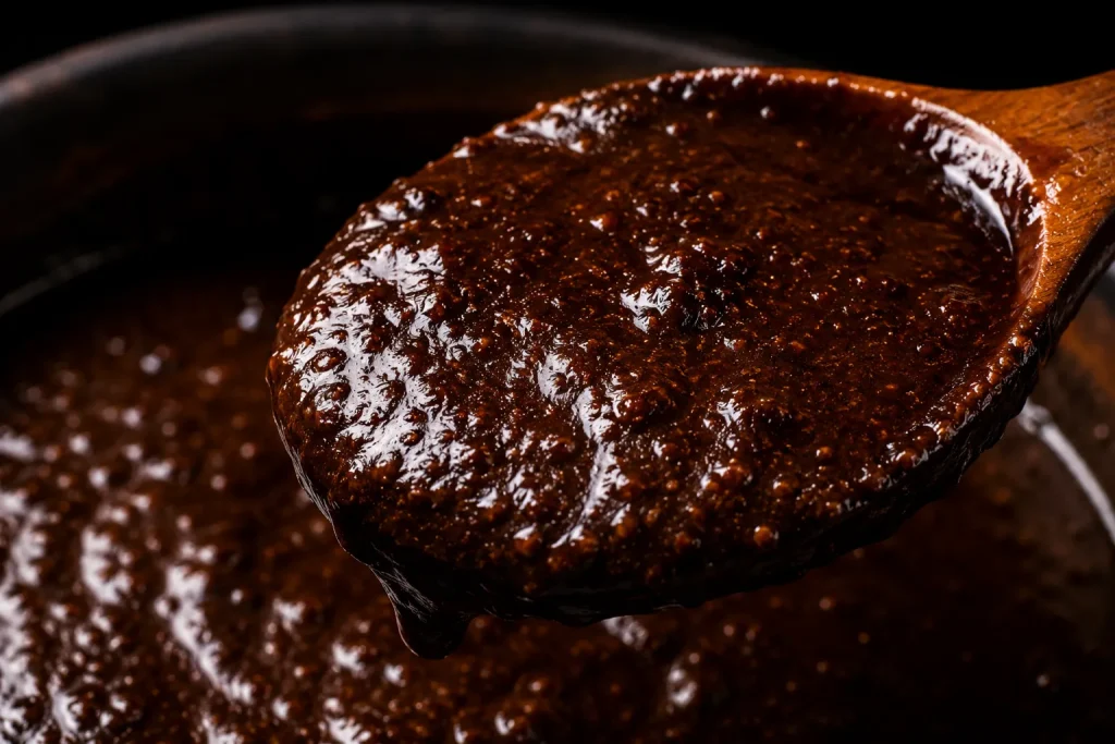 Rich mole negro sauce showing dark glossy texture