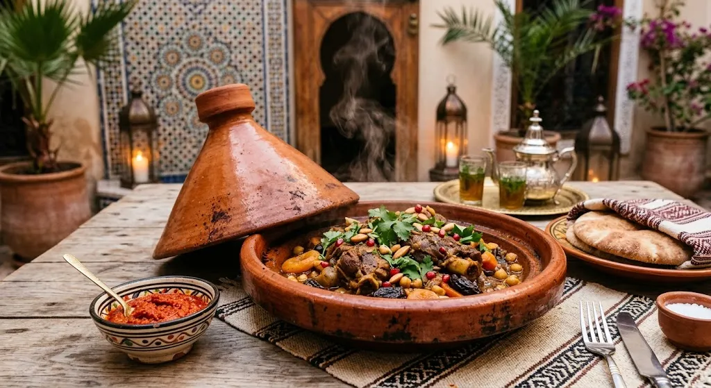 Moroccan tagine served with spicy harissa paste