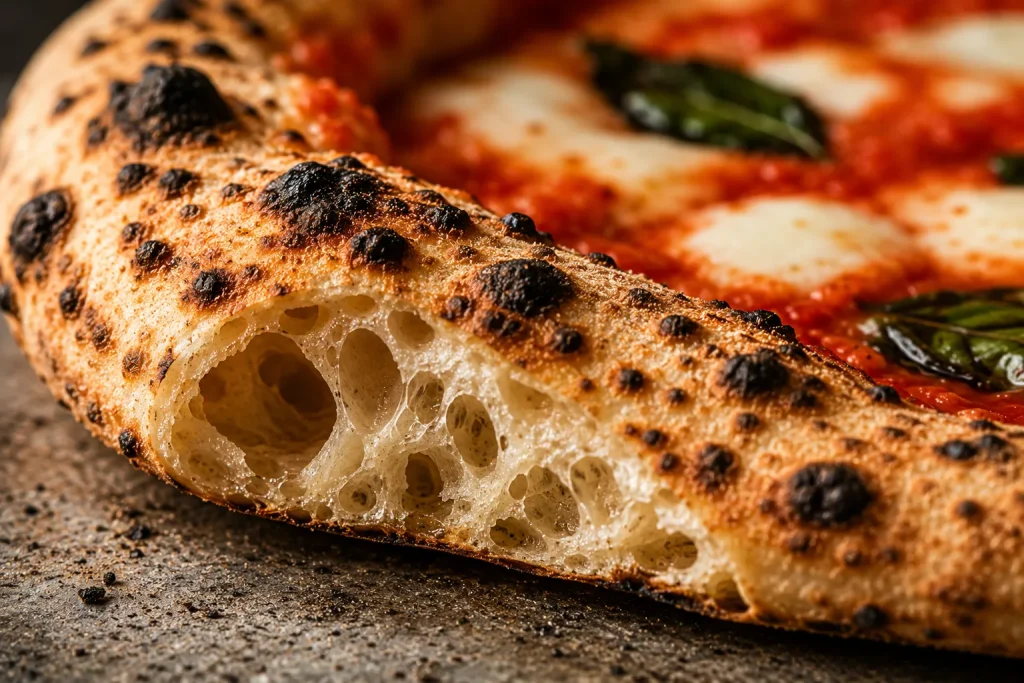 Close-up of traditional Neapolitan pizza crust texture