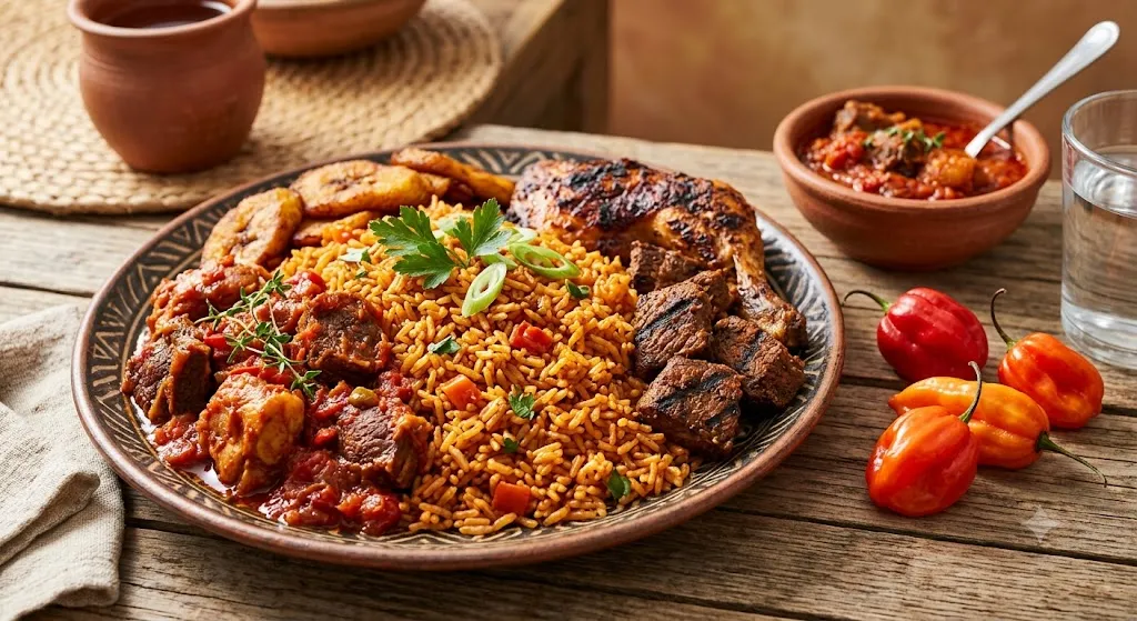 Nigerian jollof rice with spicy pepper stew