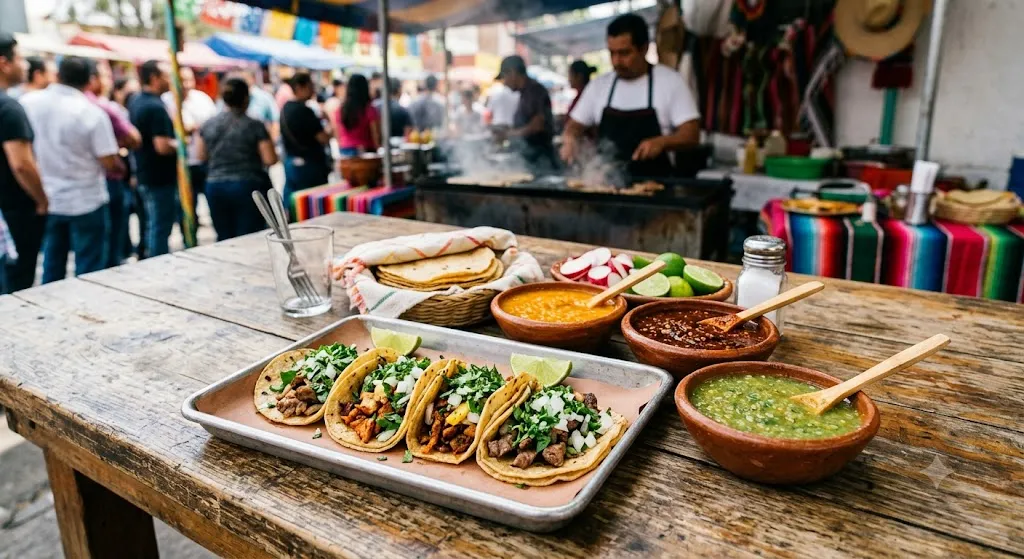 Mexican tacos served with habanero and chili salsas