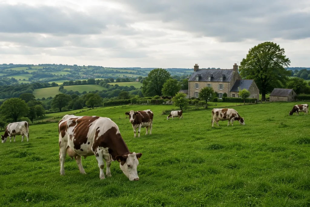 Norman cows grazing in lush dairy pasture landscape