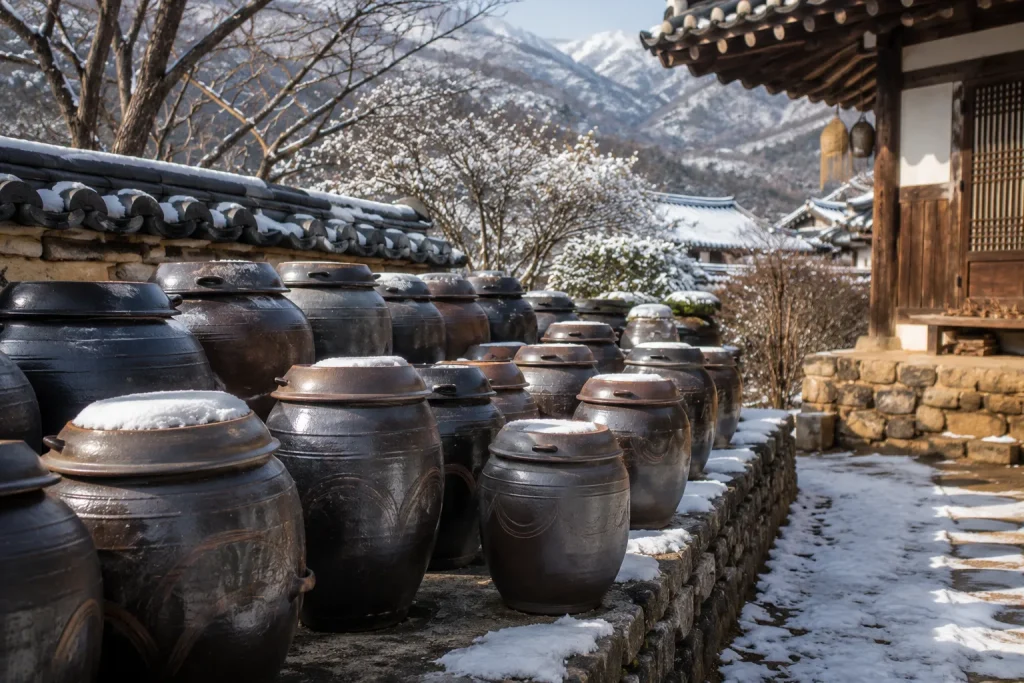 Traditional Korean onggi jars used for fermenting foods outdoors