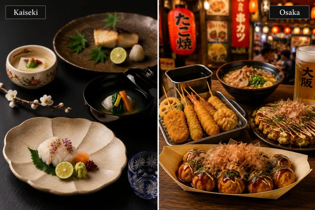 Kaiseki meal contrasted with vibrant Osaka street food
