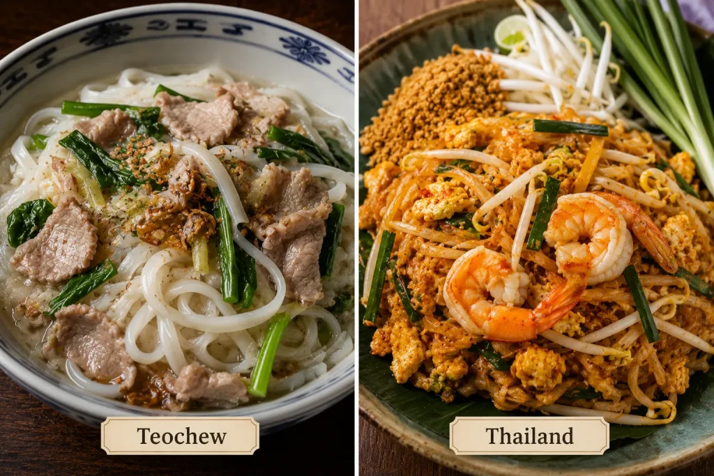 Teochew rice noodles compared beside modern Thai pad Thai