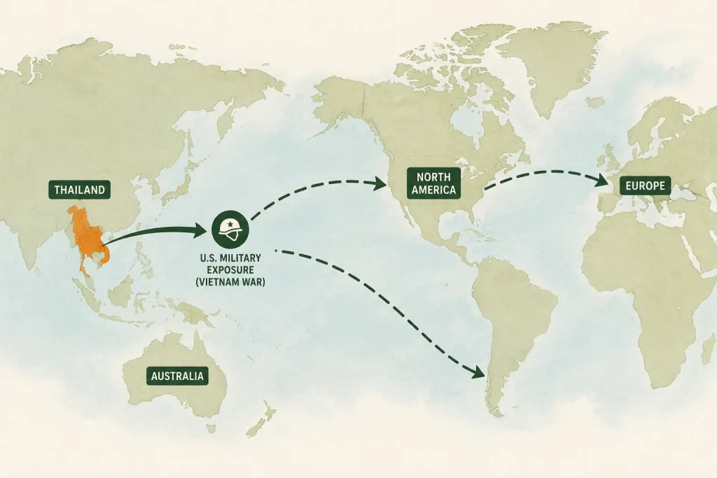 Map showing global spread of pad Thai from Thailand