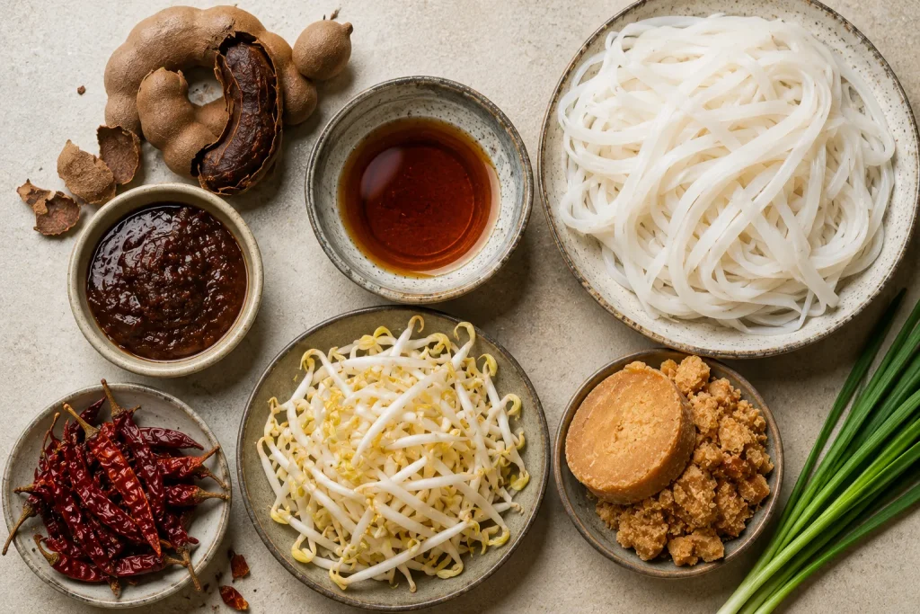 Traditional ingredients used to define modern pad Thai recipe