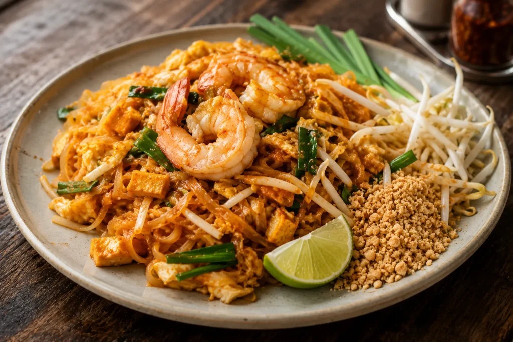 Authentic pad Thai with shrimp, peanuts and lime wedge