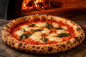 Authentic Neapolitan pizza margherita with charred wood-fired crust