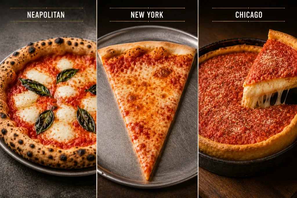 Neapolitan New York and Chicago pizza styles compared