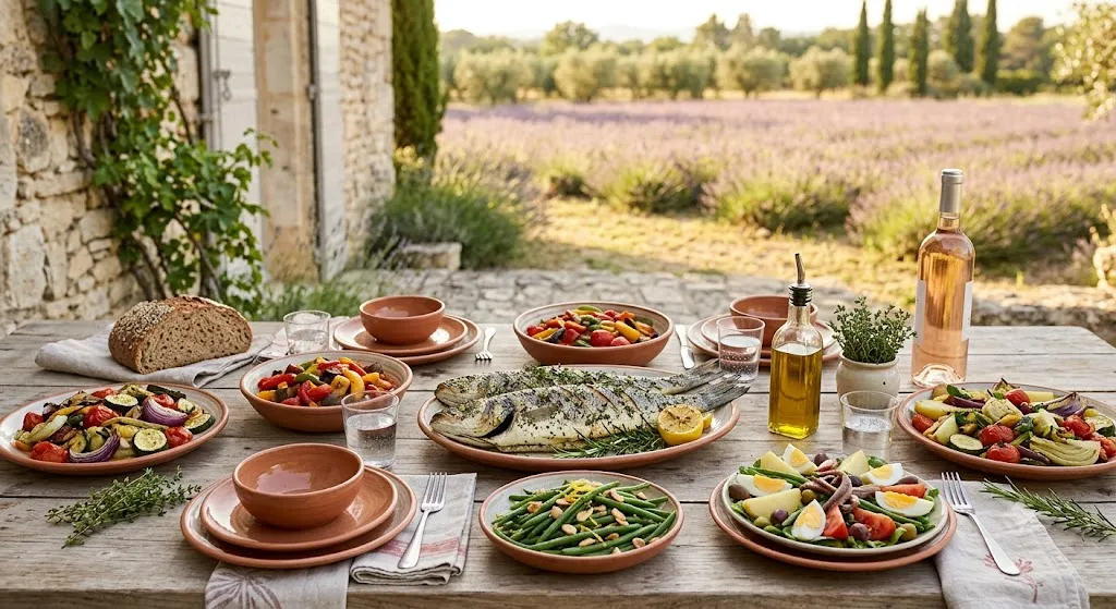 Traditional Provençal French meal with grilled fish and seasonal vegetables