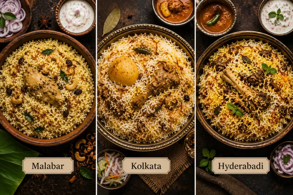 Three regional biryani styles showing distinct appearances