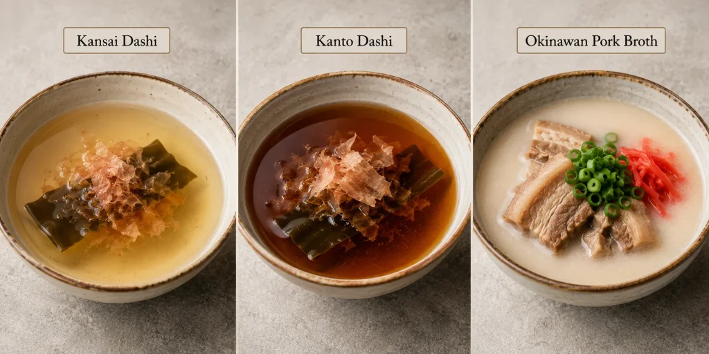 Regional Japanese broth styles showing different umami traditions
