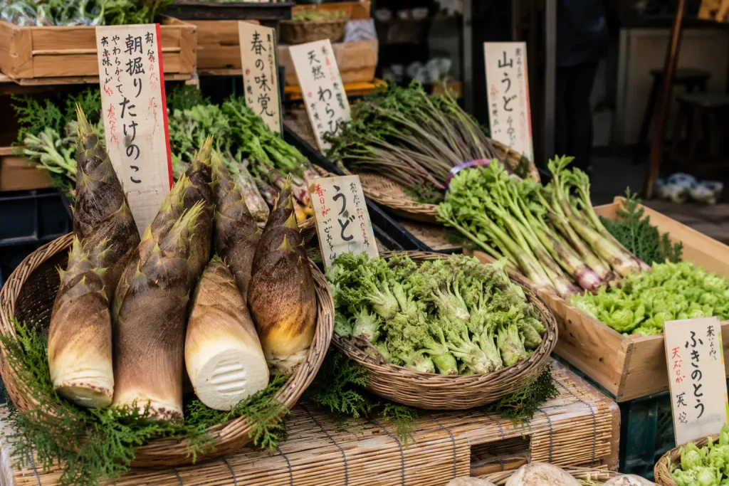 Seasonal Japanese produce displayed during spring harvest period