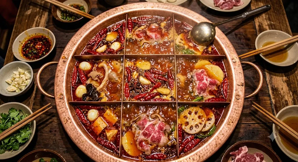 Authentic Sichuan hotpot filled with chilies and peppercorns