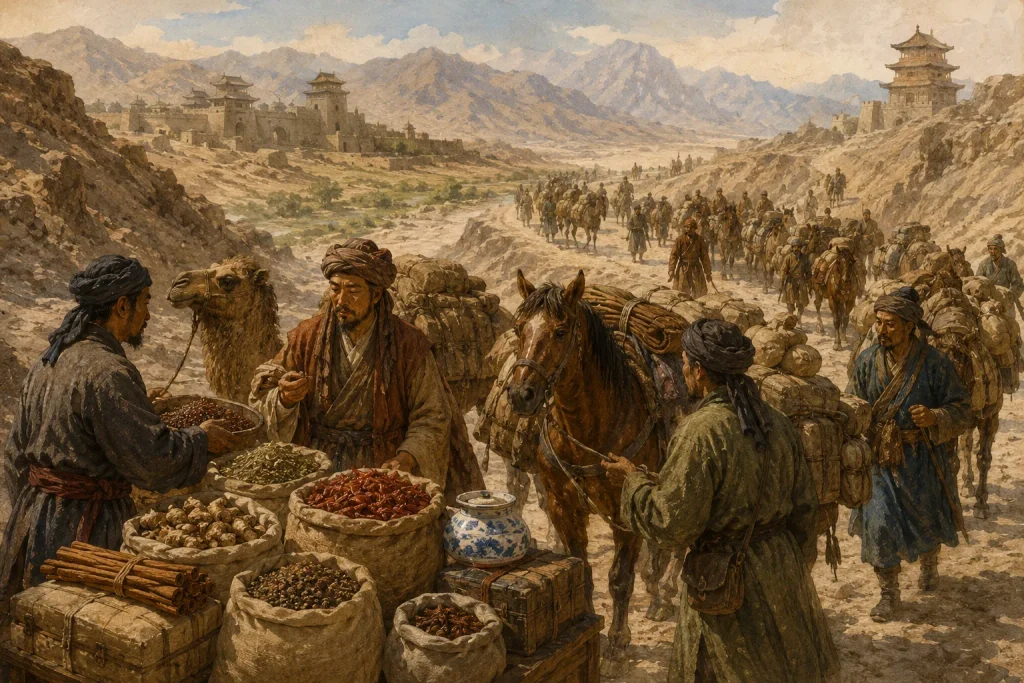 Silk Road traders transporting spices through ancient China