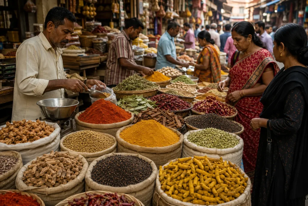 Traditional South Asian spice market with diverse ingredient