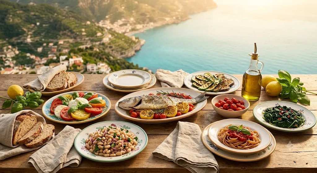 Traditional Southern Italian meal with grilled fish vegetables and olive oil