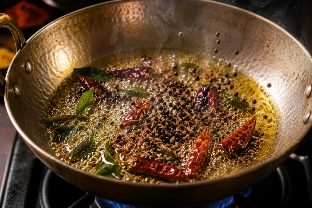 Whole spices blooming in hot ghee during tadka preparation