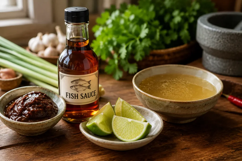 Fish sauce tamarind and lime used for Thai balance
