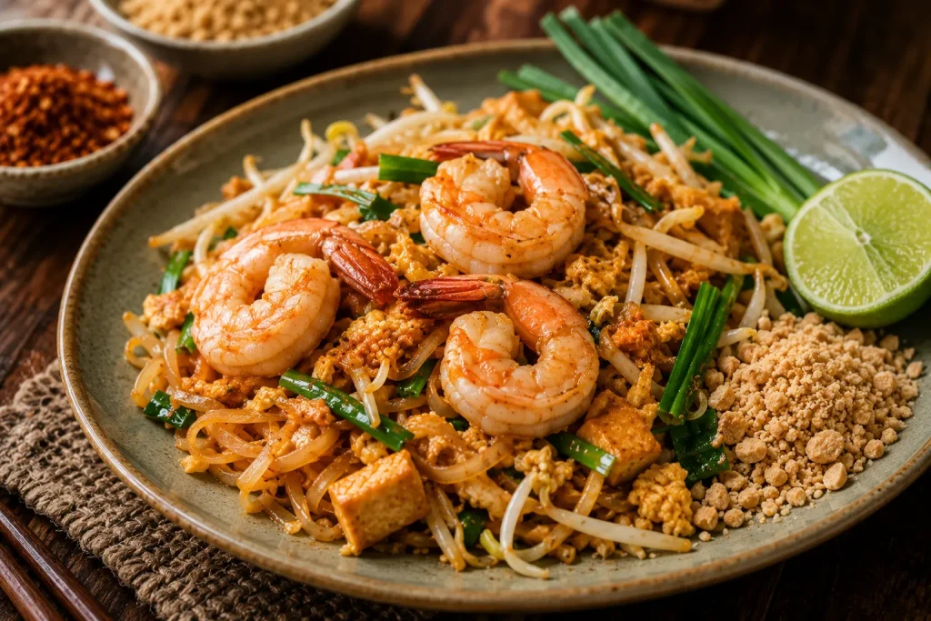 Authentic pad thai showing classic Thai flavor balance ingredients