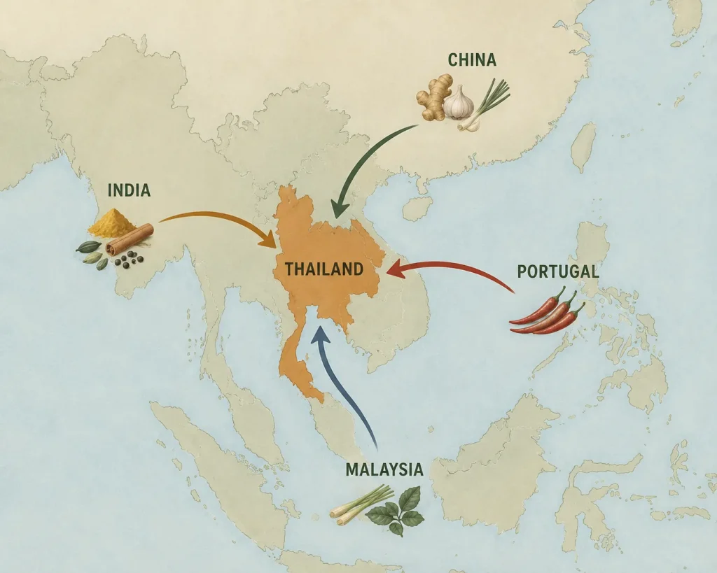 Map showing ingredient influences that shaped Thai cuisine
