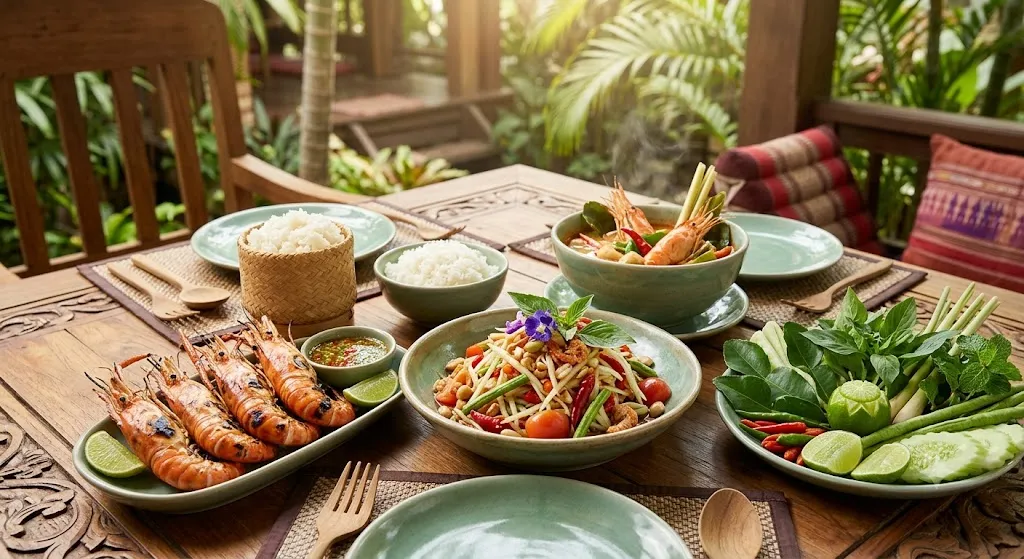 Traditional Thai cuisine with som tam tom yum and fresh herbs