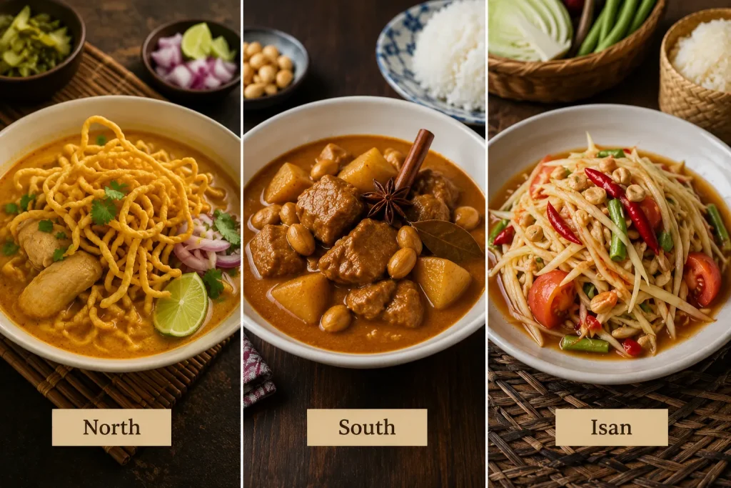 Northern southern and Isan Thai dishes side by side
