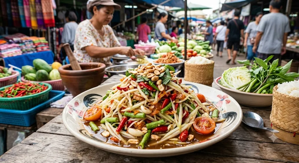Thai som tam salad packed with bird's eye chilies