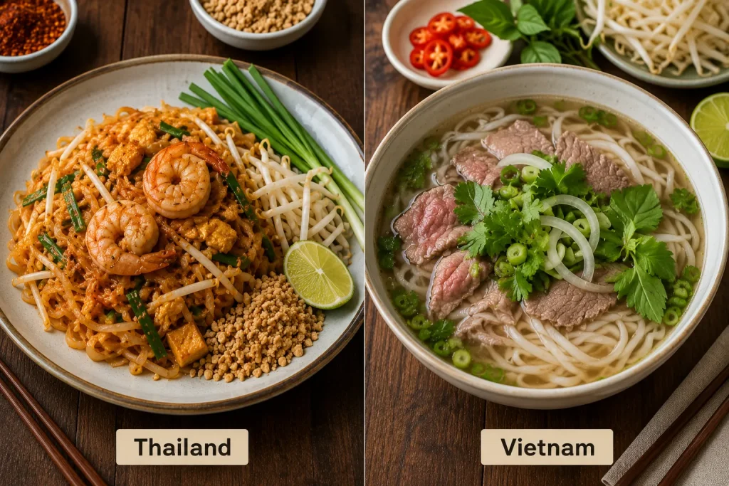 Thai pad thai compared with Vietnamese pho presentation