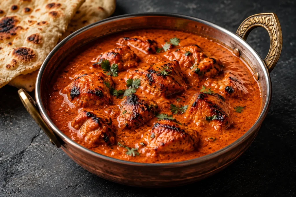 Chicken tikka masala in copper karahi with charred chicken