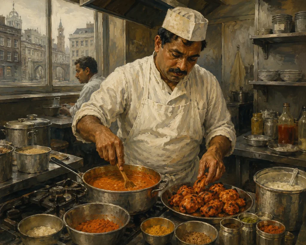 Pakistani chef creating chicken tikka masala in Glasgow kitchen