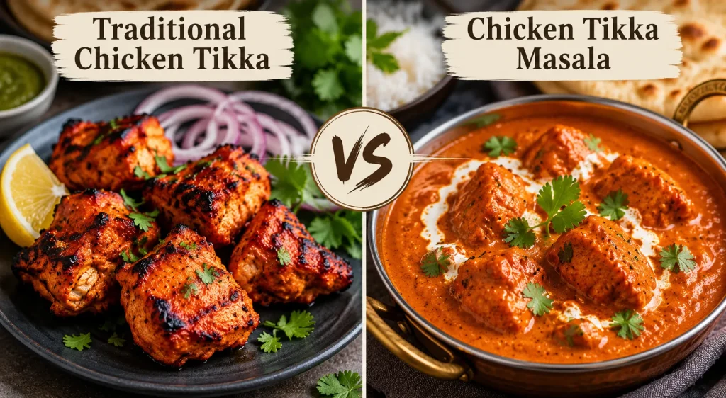 Chicken tikka compared with chicken tikka masala