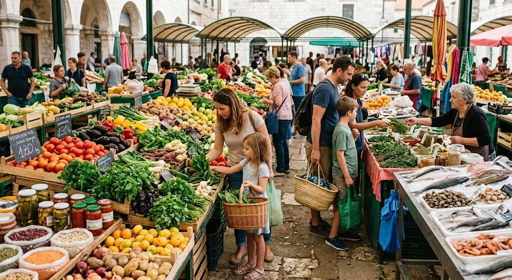 Traditional food market filled with fresh vegetables and healthy ingredients