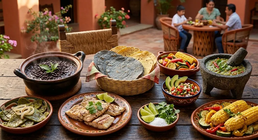 Traditional Mexican cuisine with corn tortillas beans vegetables and grilled fish