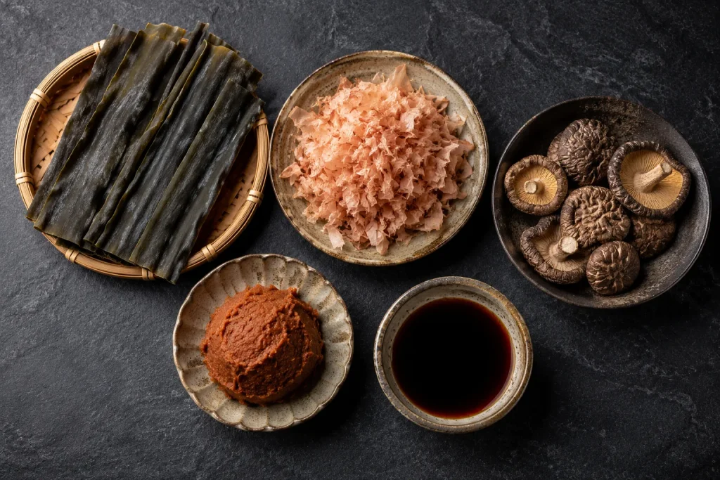 Japanese umami ingredients arranged for traditional dashi preparation