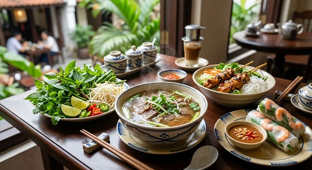 Traditional Vietnamese cuisine with pho fresh herbs and spring rolls