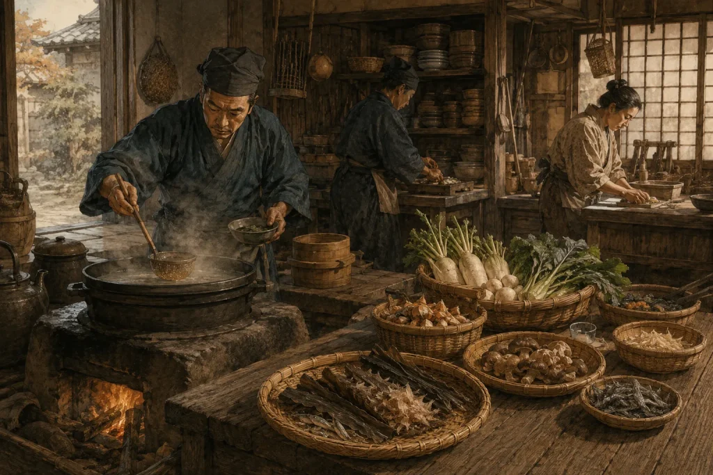 Traditional Japanese kitchen illustrating historical washoku development