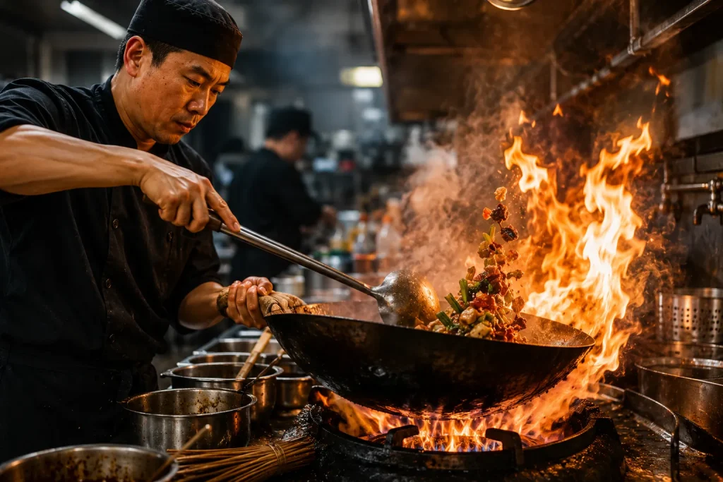 Chef creating wok hei with high heat cooking
