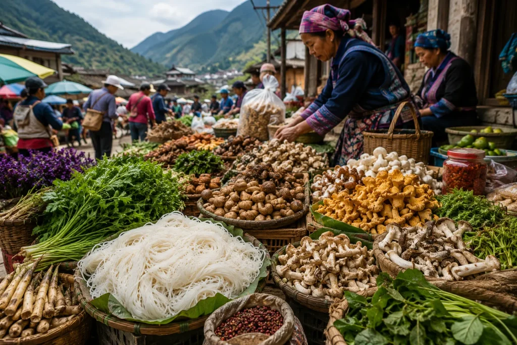 Traditional Yunnan market displaying regional ingredients and produce