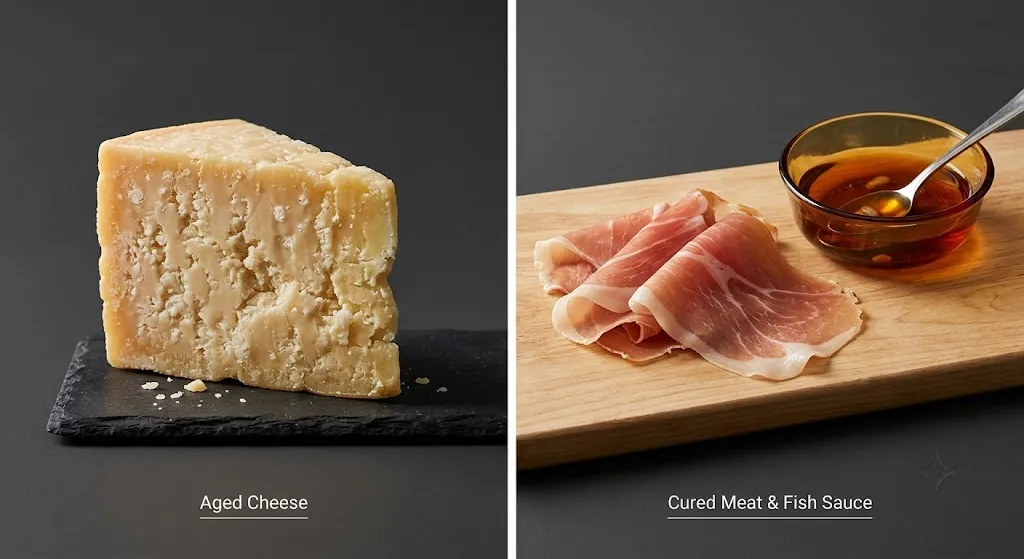 Comparison of aged cheese with cured meat and fermented fish sauce