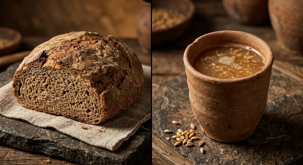 Ancient style rustic bread and fermented grain beverage side by side
