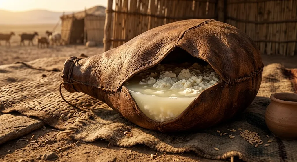 Ancient style container with milk curds and whey representing accidental cheese discovery